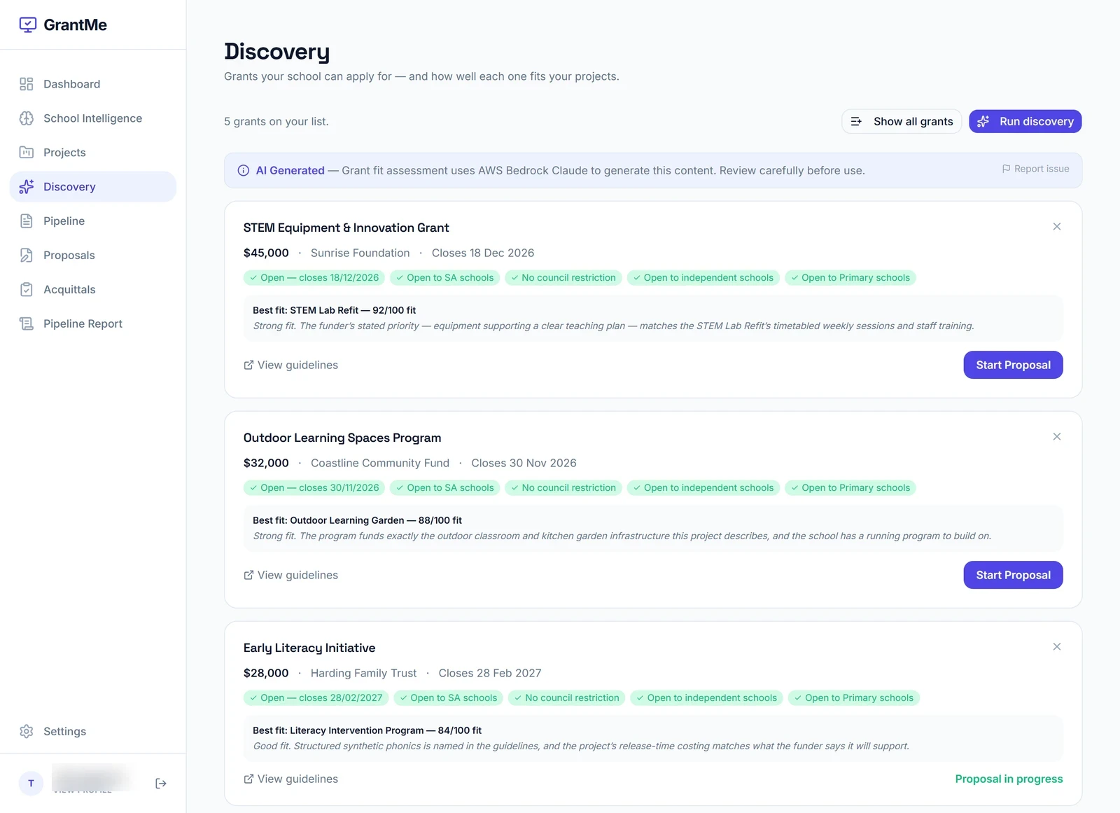 The GrantMe Discovery screen, listing open grants matched to a school's profile with award amounts, closing dates and per-project fit scores.