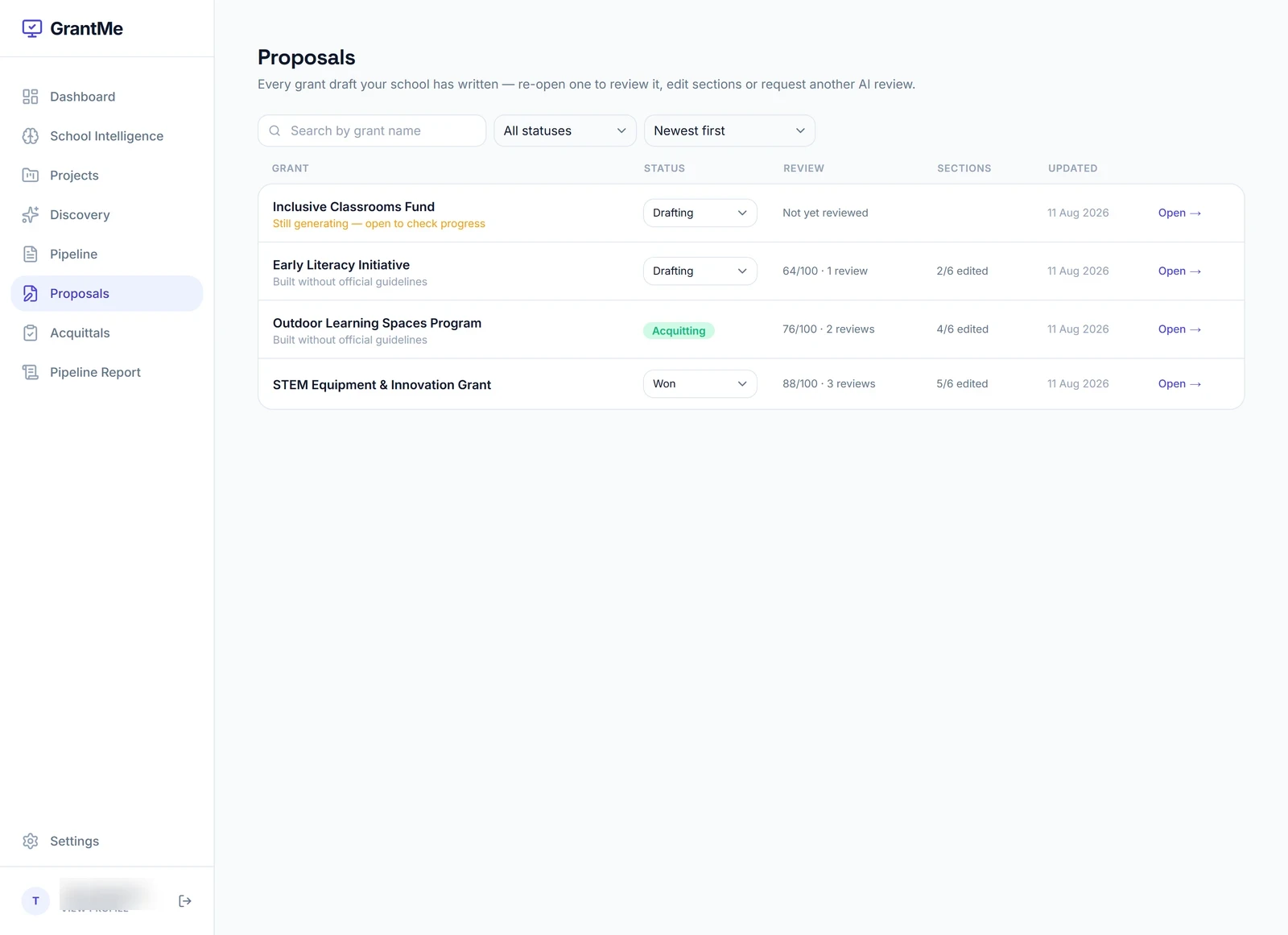 The GrantMe proposals workspace, listing each grant application with its status, AI review score and how many sections staff have edited.