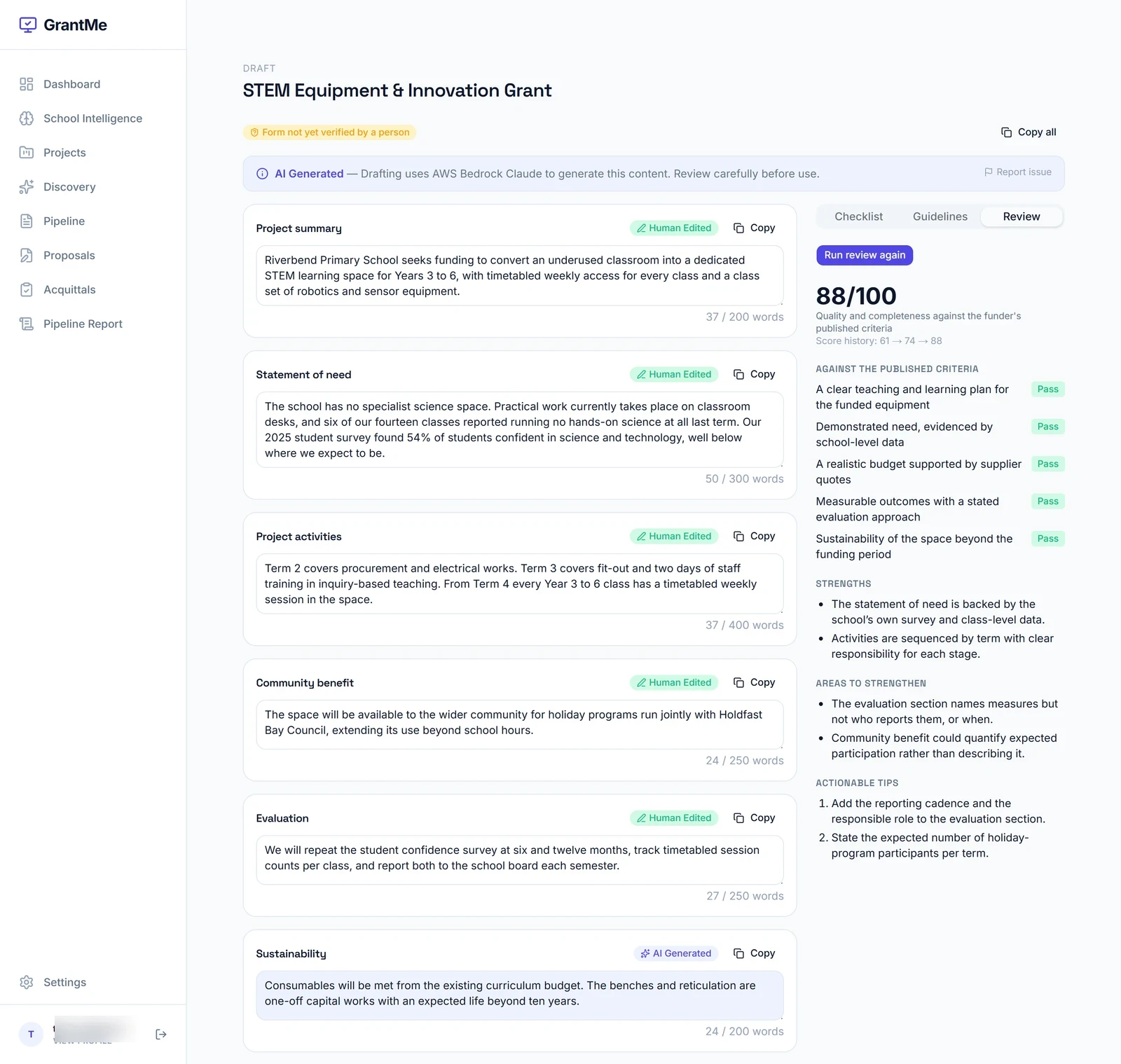 A draft application beside its AI review: a quality score, each published criterion marked Pass, strengths, areas to strengthen and actionable tips.